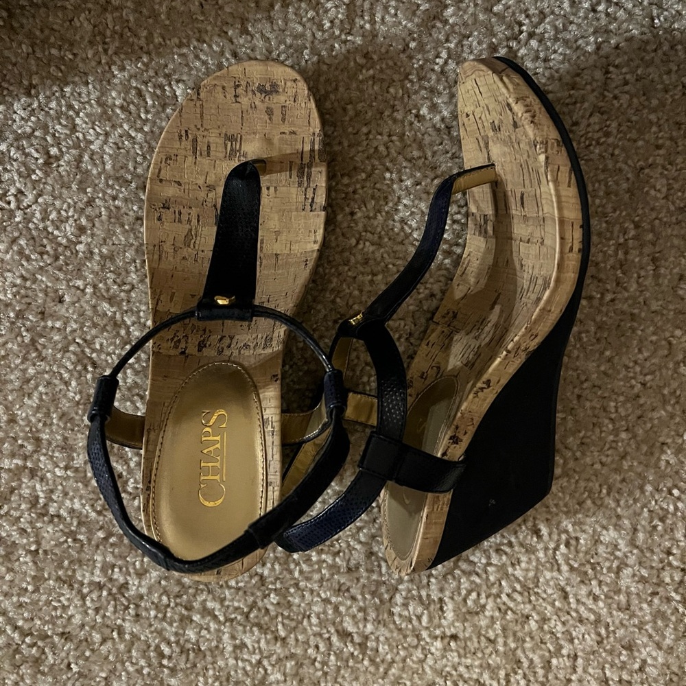 Chaps Black and Tan Cork Wedges